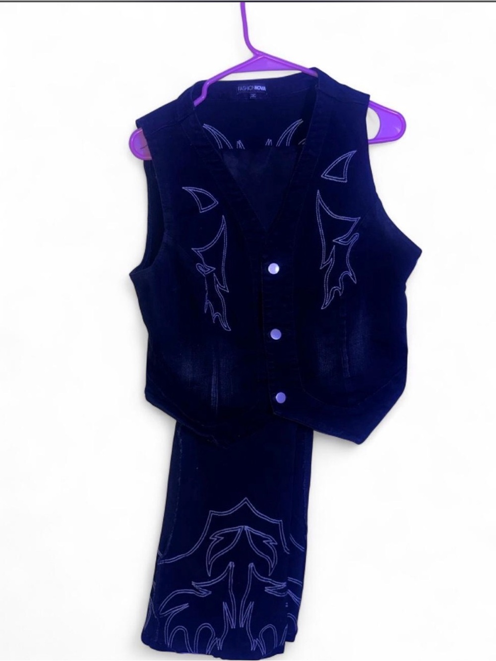 Fashion Nova Kids Black Embroidered Vest & Pants Set with White Stitching